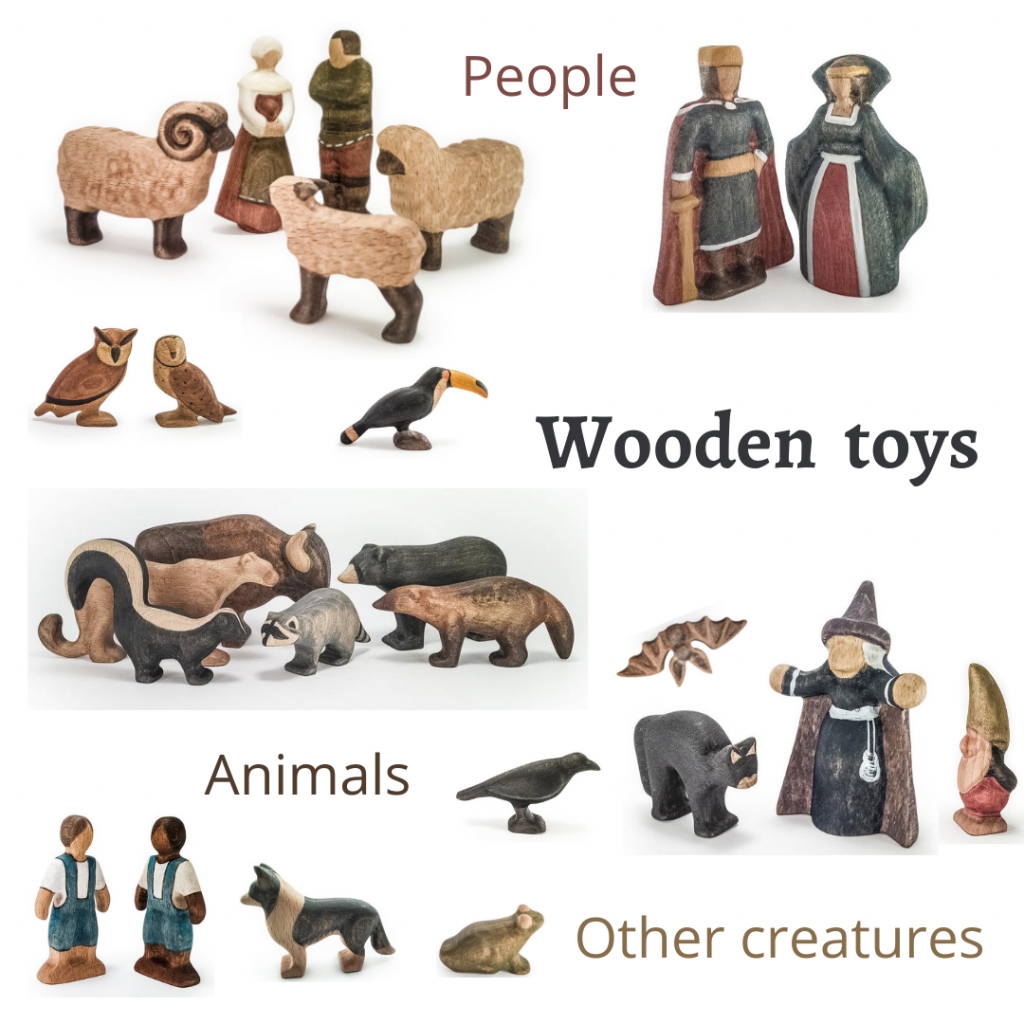 Wooden toy figurines for small world play made by Mr Fox Crafts.